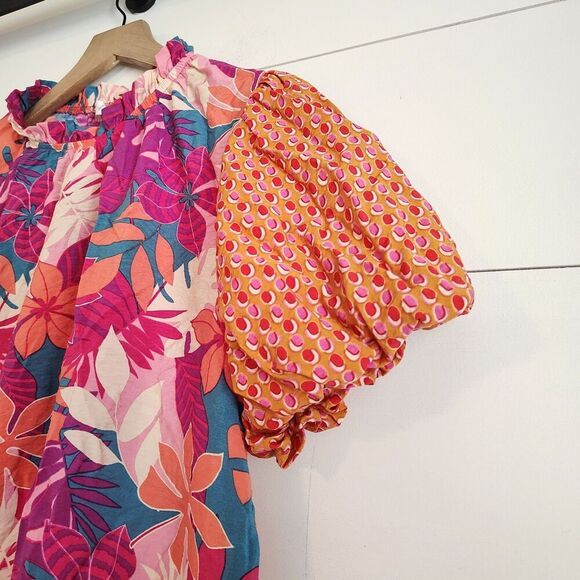 Ces Femme Shirt Blouse Floral Peasant Bright Colorful Puff Sleeves Tropical Sz L - Picture 4 of 8